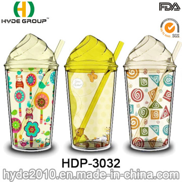 Wholesale BPA Free Ice Cream Mug, Double Wall Plastic Juice Tumbler with Straw (HDP-3032)